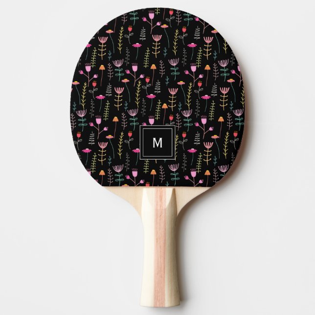 Pala De Ping Pong Neon Wildflowers on Black, (Anverso)