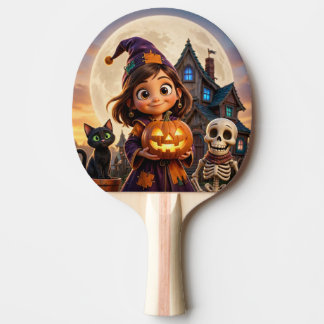 Pala De Ping Pong Niña linda con gato negro Feliz Halloween 