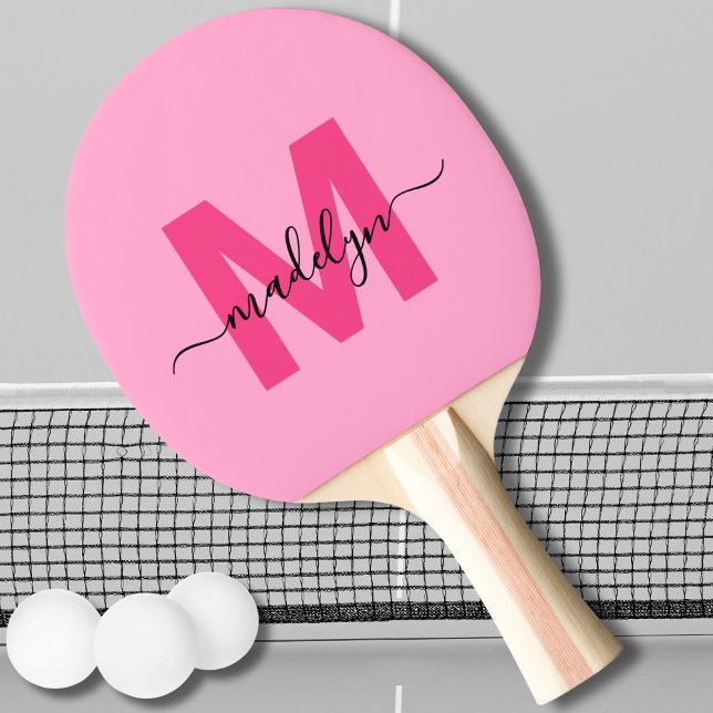 Pala De Ping Pong Nombre de guión moderno rosa intenso monograma fem (Hot Pink Modern Script Name Girly Monogram Ping Pong Paddle)