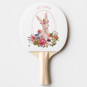 Pala De Ping Pong Nombre de la acuarela floral de conejito animal de