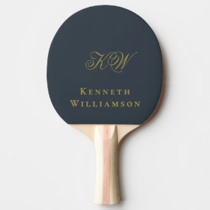Pala De Ping Pong Nombre de Monograma Azul Marino Dorado Minimalista
