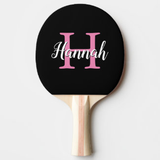 Pala De Ping Pong Nombre de monograma del guión negro rosado minimal