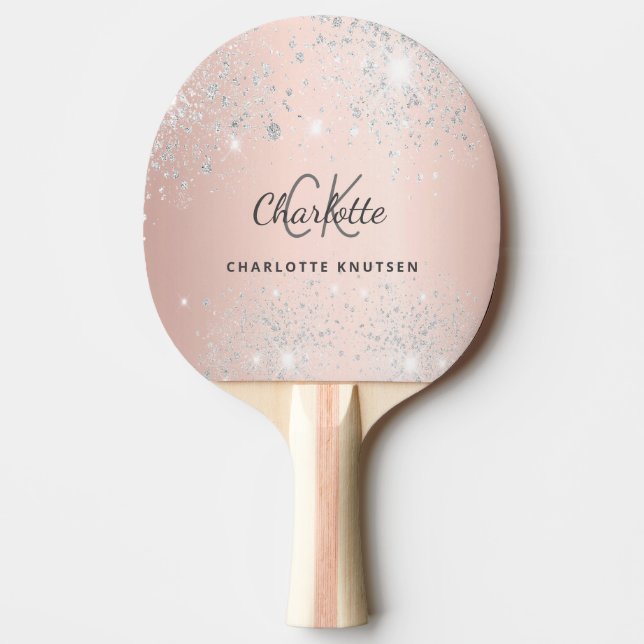 Pala De Ping Pong Nombre de monograma del purpurina de plata Rosa do (Anverso)