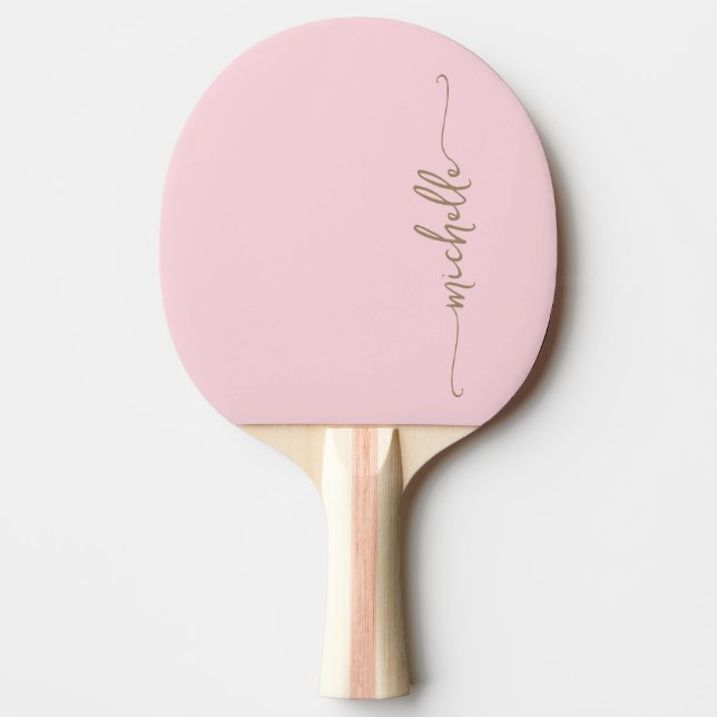 Pala De Ping Pong Nombre de monograma dorado Firma Script Rubor Pink (Anverso)