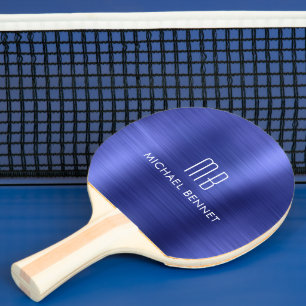Pala De Ping Pong Nombre de Monograma Metálico Azul Elegante