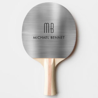 Pala De Ping Pong Nombre de Monograma Metálico Gris Plateado con Est