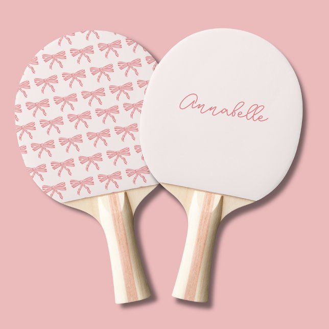 Pala De Ping Pong nombre del arco rayado rosado del bonito (Coquette Pink bow pig pong bat, personalize with your own name or choice of text.)