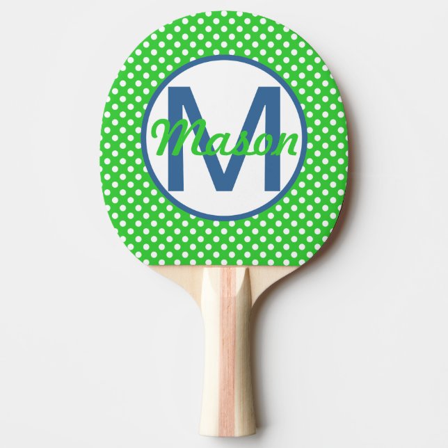 Pala De Ping Pong Nombre e inicial, puntos de polka con azul y verde (Anverso)