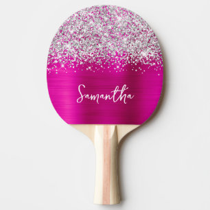 Pala De Ping Pong Nombre Glam Rosa Caliente Plateado Brillante