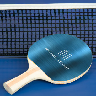 Pala De Ping Pong Nombre Monograma Metálico Azul Fresco
