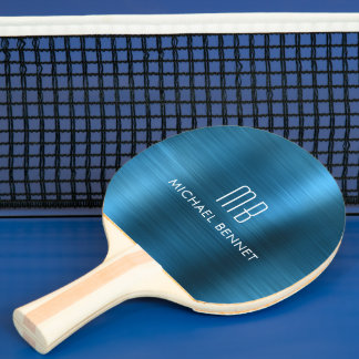 Pala De Ping Pong Nombre Monograma Metálico Azul Fresco
