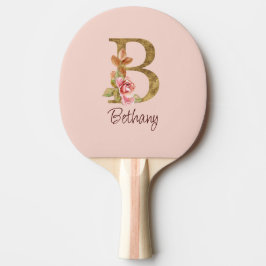 Pala De Ping Pong Nombre personalizado Blush rosas rosadas hoja dora