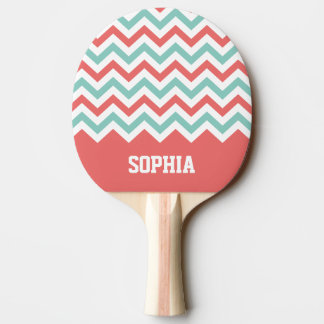 Pala De Ping Pong Nombre personalizado Chevron Coral y Aqua