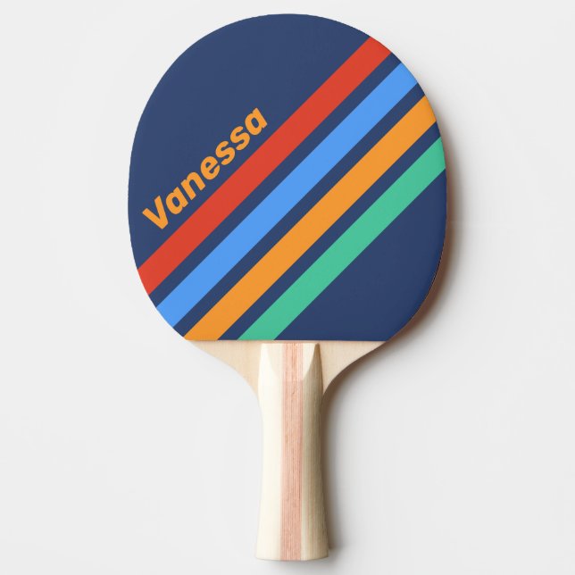 Pala De Ping Pong Old School Retro Rainbow Angled Striping with Name (Anverso)