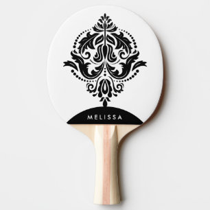 Pala De Ping Pong Ornamento floral blanco y negro monogramado