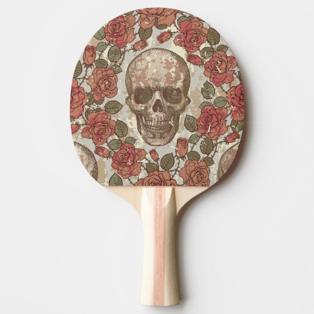 Pala De Ping Pong Ornamento retro de cráneos y Rosas (Anverso)