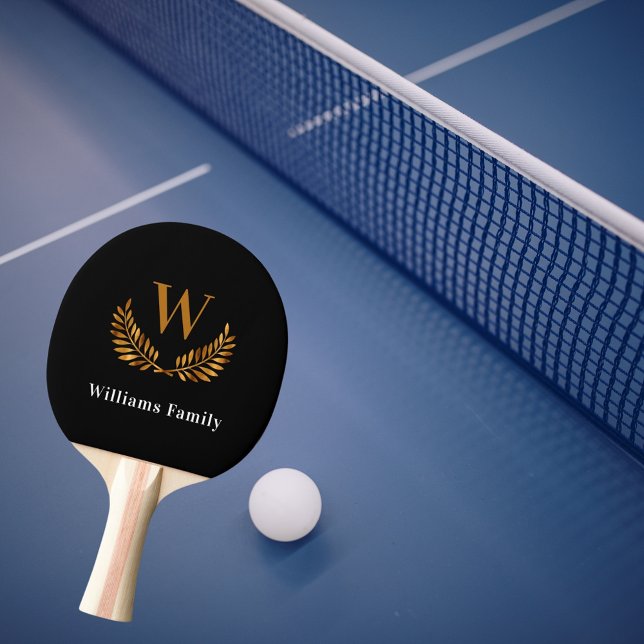 Pala De Ping Pong Oro negro Familia monograma nombre laurel wreath (Subido por el creador)