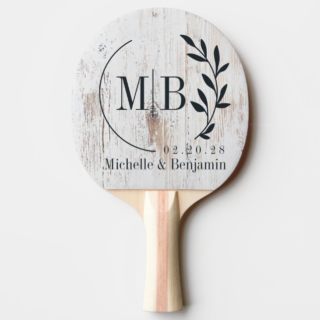 Pala De Ping Pong Painted White Wood Leaf Wedding Monogram (Reverso)
