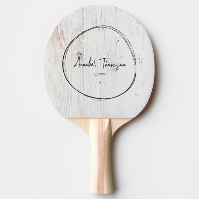 Pala De Ping Pong Painted White Wood Name in Drawn Circle  (Anverso)