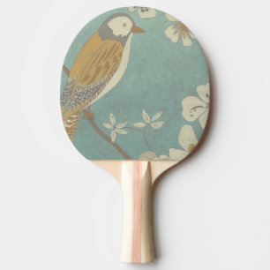 Pala De Ping Pong Pájaro amarillo, gris y beige encaramado en una