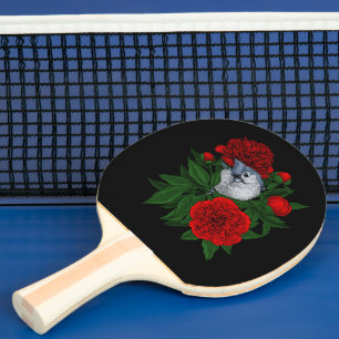 Pala De Ping Pong Pájaro en un ramo de peonía rojo