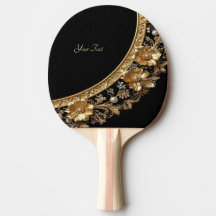 Paleta de Ping Pong con Flores Doradas Ornamentada
