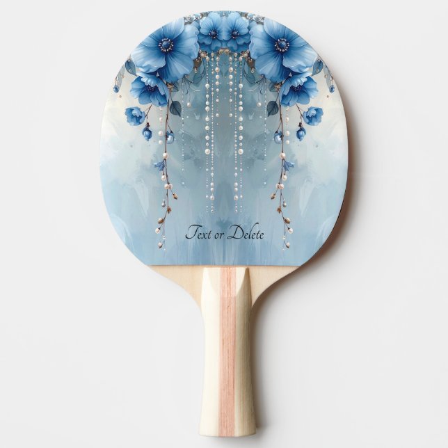 Pala De Ping Pong Paleta de Ping Pong Flores Azules y Perlas (Anverso)