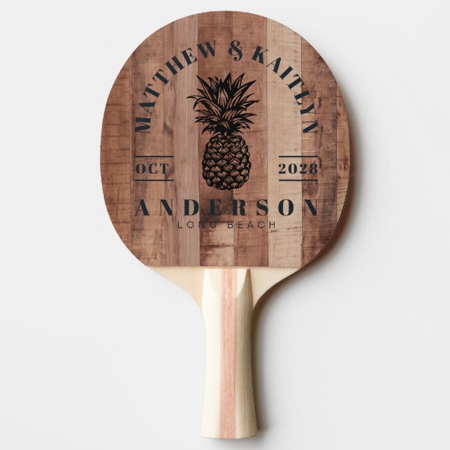 Pala De Ping Pong Pallet Wood Board Tropical Pineapple Wedding Crest (Reverso)