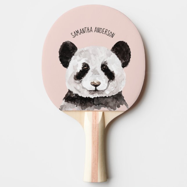 Pala De Ping Pong Panda Acuático Moderno Con Nombre Y Rosa Pastel (Anverso)