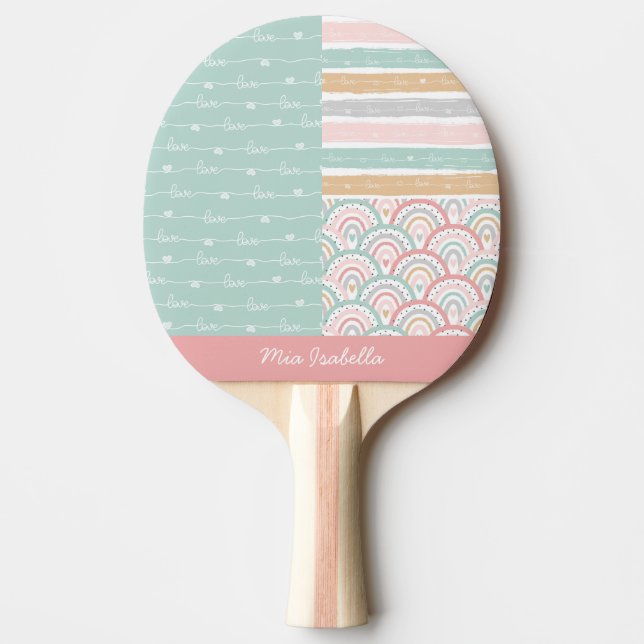 Pala De Ping Pong Parche Corazón Arcoiris Nombre Ping Pong Paddle (Anverso)