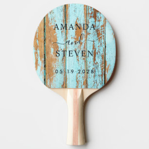 Pala De Ping Pong Pareja de madera lavada en azul con fecha de boda