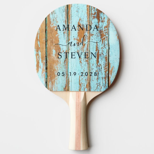 Pala De Ping Pong Pareja de madera lavada en azul con fecha de boda (Reverso)