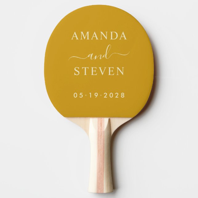 Pala De Ping Pong Pareja de Ocre Dorado con Fecha de Boda (Reverso)
