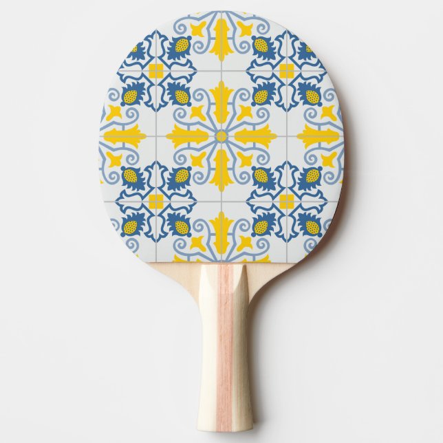 Pala De Ping Pong Patrón de azulejos azules y amarillos en portugués (Anverso)