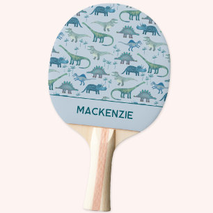 Pala De Ping Pong Patrón de Dinosaurio Azul con Nombre Personalizado