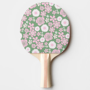Pala De Ping Pong Patrón de flor del Y2K 70s del Retro Blanco Rosa V