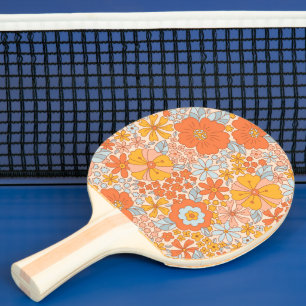 Pala De Ping Pong Patrón de flor retro naranja