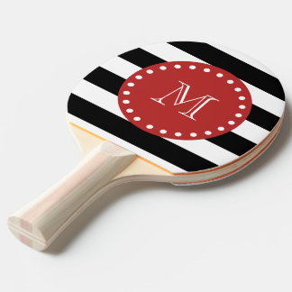Pala De Ping Pong Patrón de franjas blancas negras, monograma rojo
