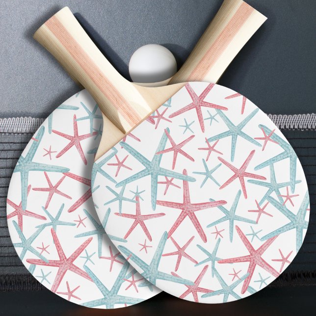 Pala De Ping Pong Patrón De Playa Cuta (Fun Teal Pink Nautical Starfish Summer Beach House Ping Pong Paddle)