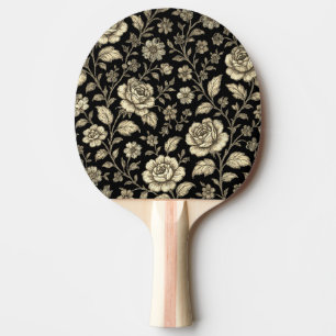 Pala De Ping Pong Patrón floral de rosa dorada vintage sobre negro