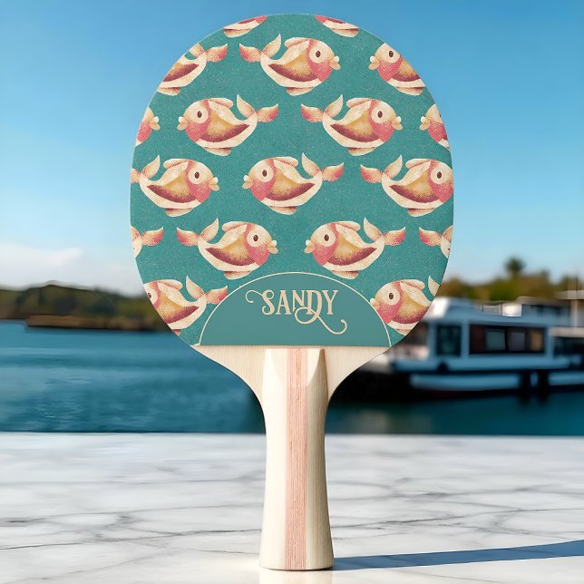 Pala De Ping Pong Patrón retro de pez dorado (Retro goldfish paddle with teal background and your name.)