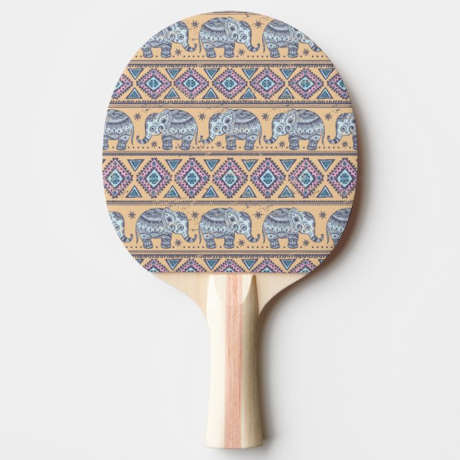 Pala De Ping Pong Patrón tribal de elefantes étnicos azules (Anverso)