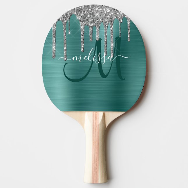Pala De Ping Pong Perforaciones Verde azuladas de Purpurina de plata (Anverso)