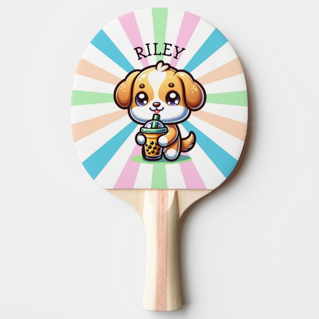 Pala De Ping Pong Perro cachorro kawaii con té de burbuja personaliz (Anverso)