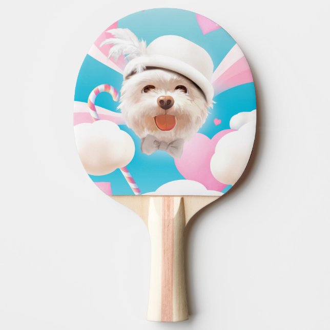Pala De Ping Pong Perro esponjoso con Gorra blanco (Anverso)