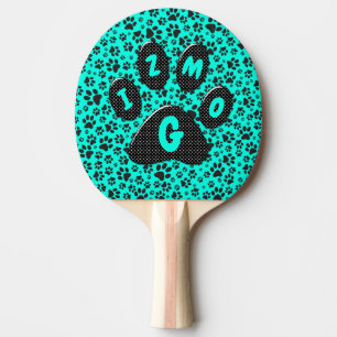 Pala De Ping Pong Perro Paws Black and White Polka Dot en cian vivo