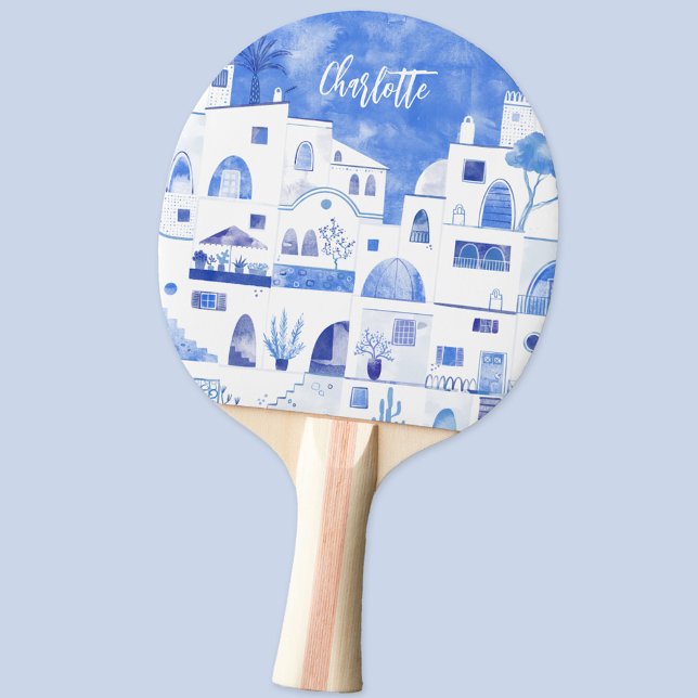 Pala De Ping Pong Personalización de la acuarela de Santorini Oia (Santorini Oia Greece blue and white personalized watercolor ping pong paddle)