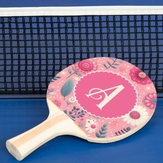 Pala De Ping Pong Personalizado Monograma Blooms Encantados Rosa (in situ)