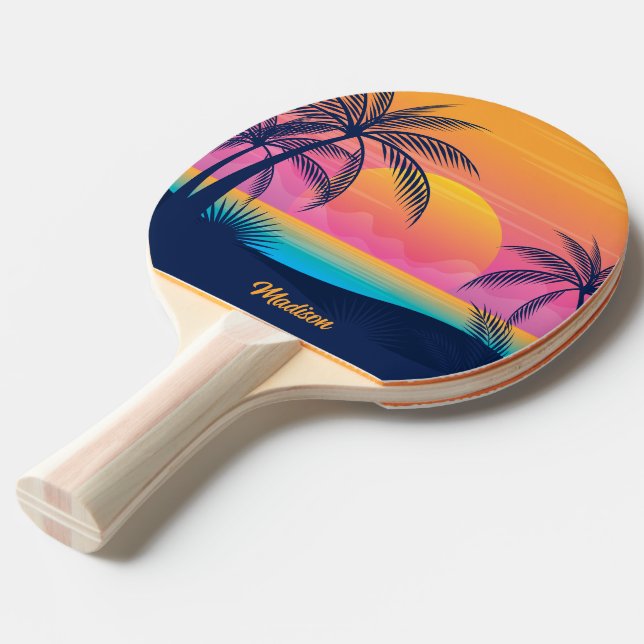 Pala De Ping Pong Personalizado Texto Isla tropical Atardecer (Ángulo frontal)