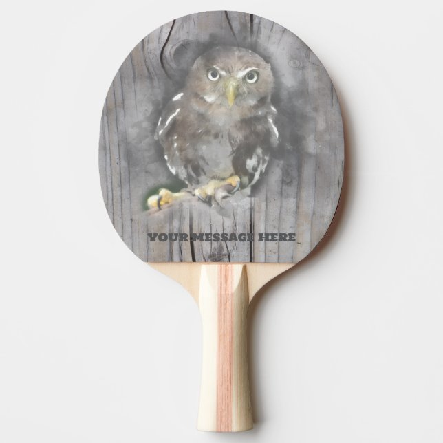 Pala De Ping Pong Personalized Barn Wood Owl Rustic Farm Natural  (Anverso)